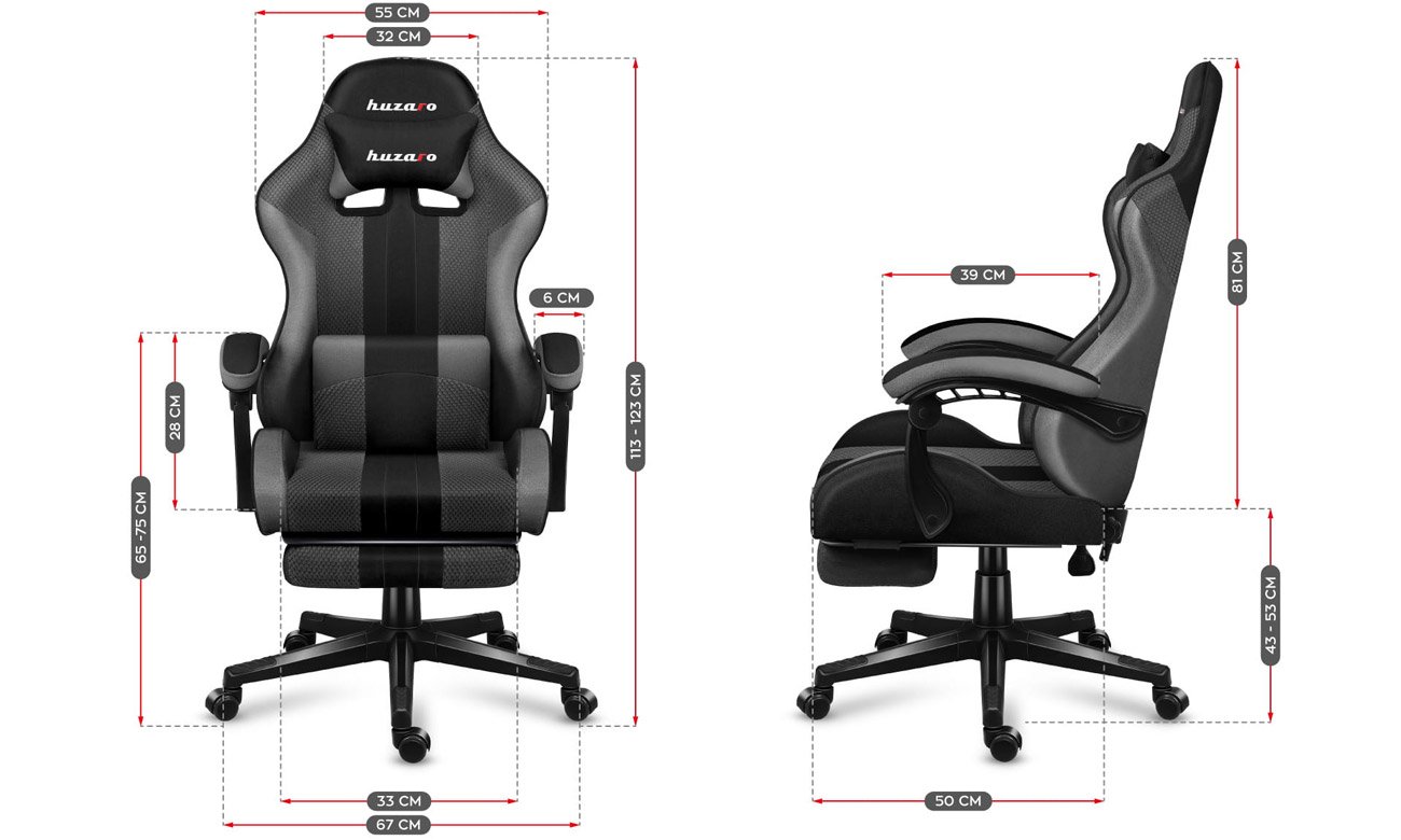 Fotel gamingowy Huzaro Force 4.7 Grey Mesh - Grafika z wymiarami fotela