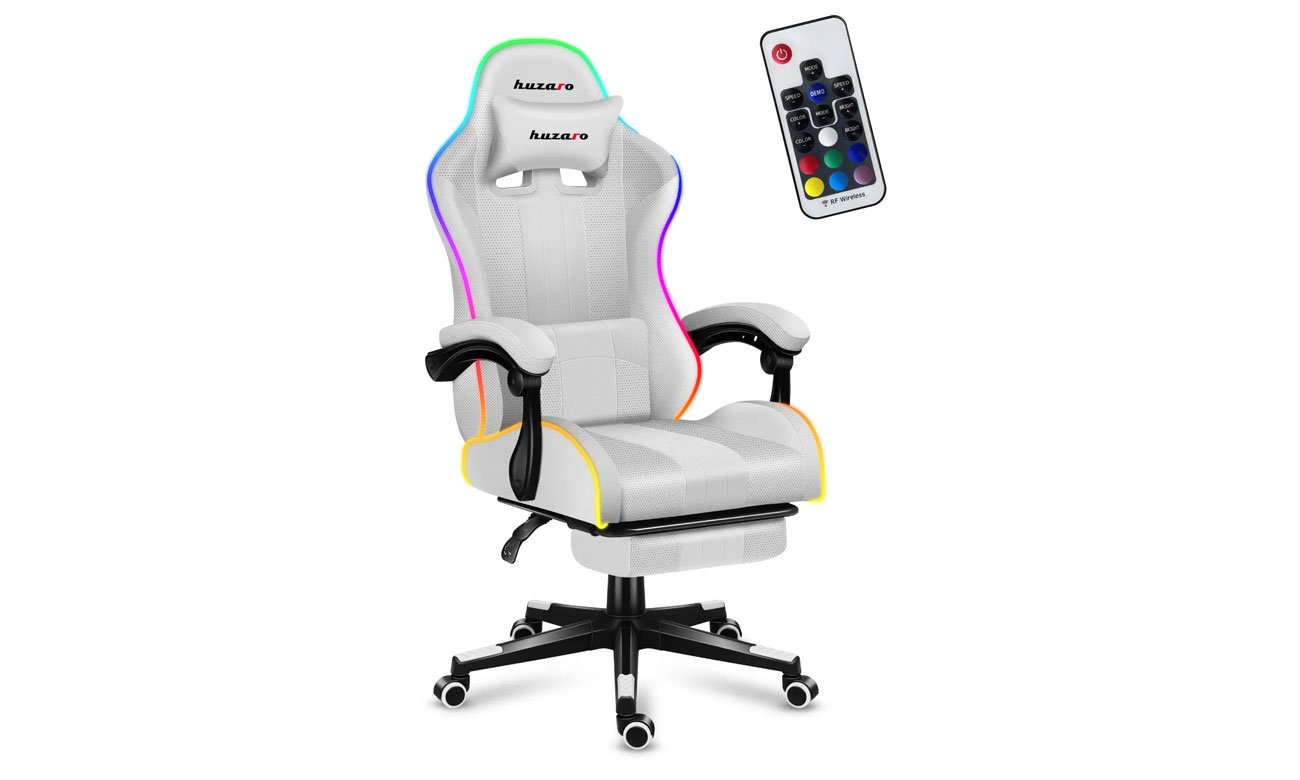 Fotel gamingowy Huzaro Force 4.7 RGB White Mesh - Widok ogólny wraz z pilotem