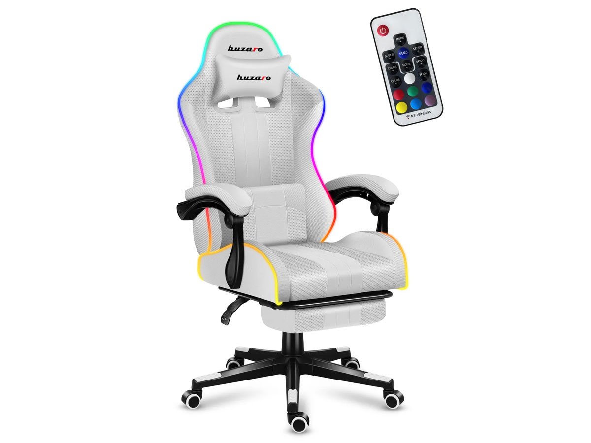 Fotel gamingowy Huzaro Force 4.7 RGB White Mesh - Widok ogólny wraz z pilotem