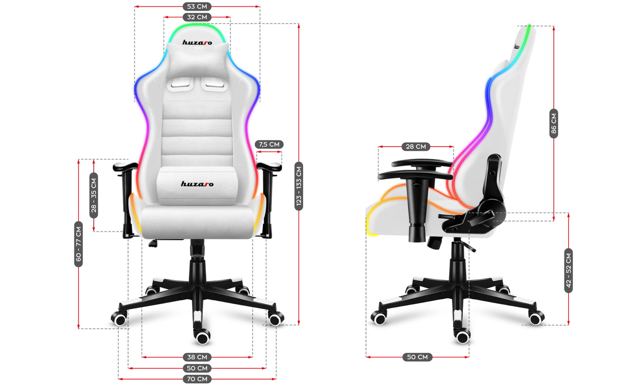 Fotel gamingowy Huzaro Force 6.0 RGB White - Grafika z wymiarami