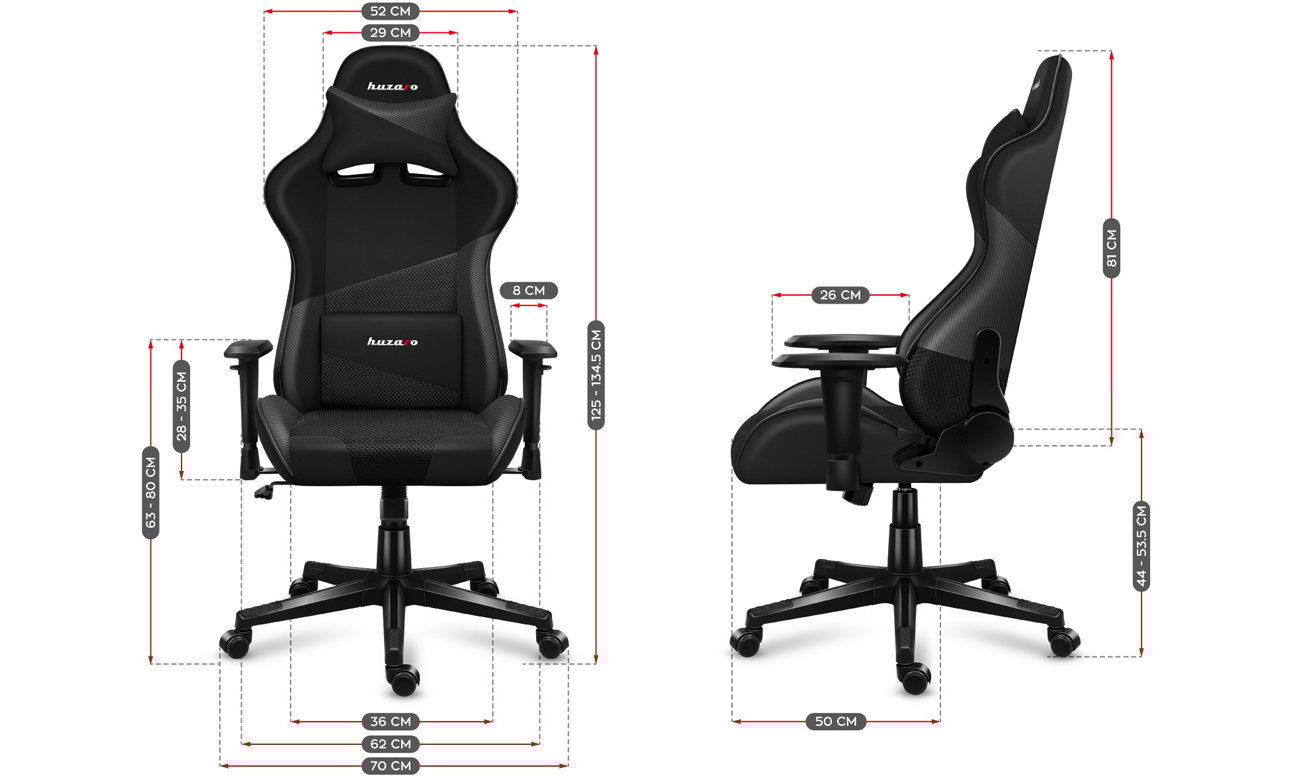 Grafika z wymiarami fotela gamingowego Huzaro Force 6.2 Carbon