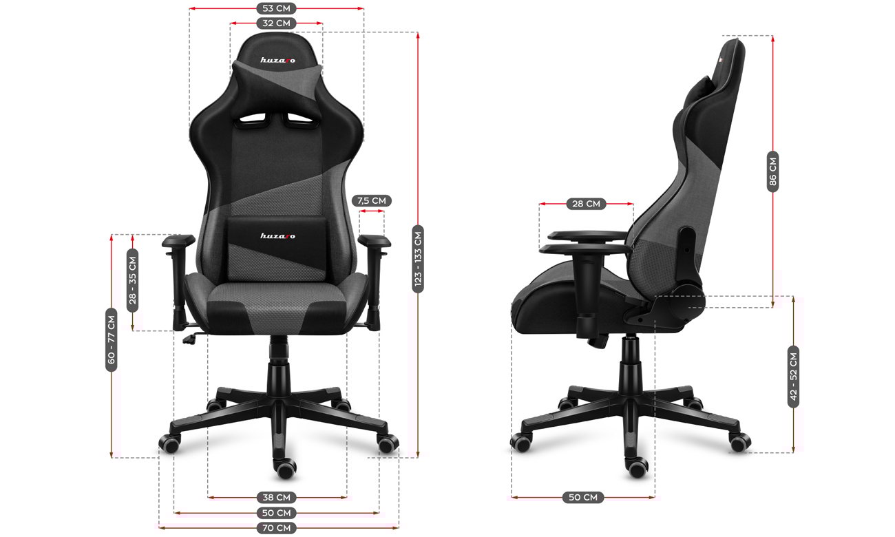 Fotel gamingowy Huzaro Force 6.2 Grey Mesh - Grafika z wymiarami fotela