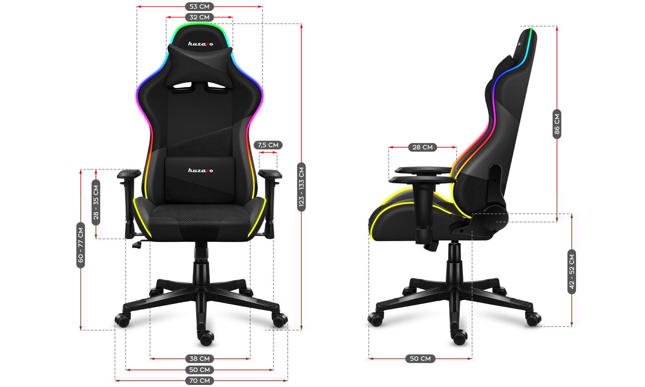 Fotel gamingowy Huzaro Force 6.2 Black RGB - Grafika z wymiarami fotela