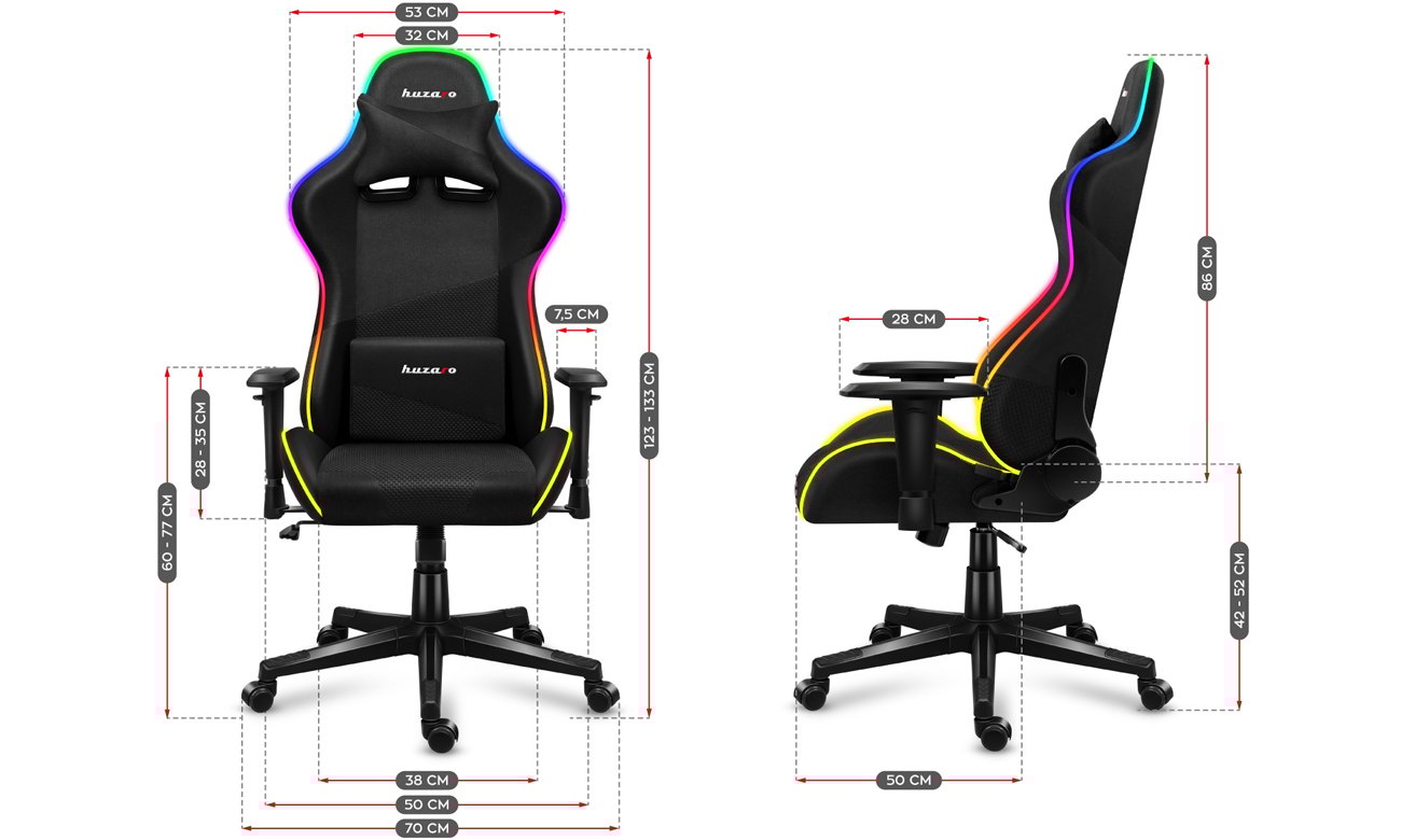 Fotel gamingowy Huzaro Force 6.2 Mesh RGB - Grafika z wymiarami fotela