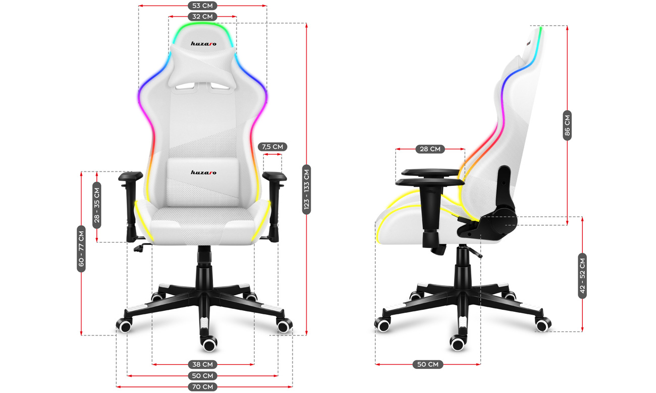 Fotel gamingowy Huzaro Force 6.2 White RGB - Grafika z wymiarami fotela