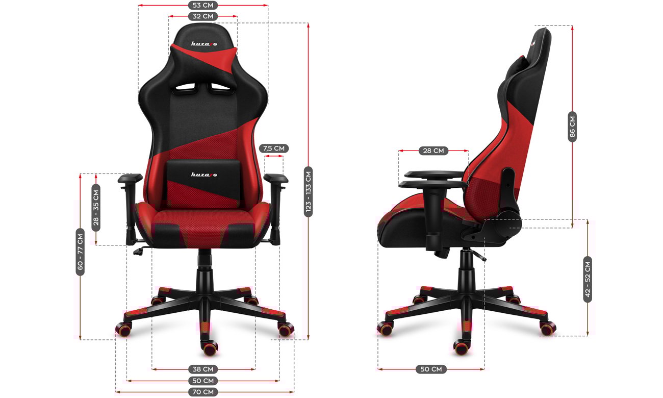 Fotel gamingowy Huzaro Force 6.2 Red Mesh - Grafika z wymiarami fotela