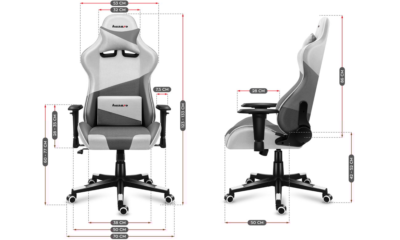Fotel gamingowy Huzaro Force 6.2 Grey Mesh - Grafika z wymiarami fotela