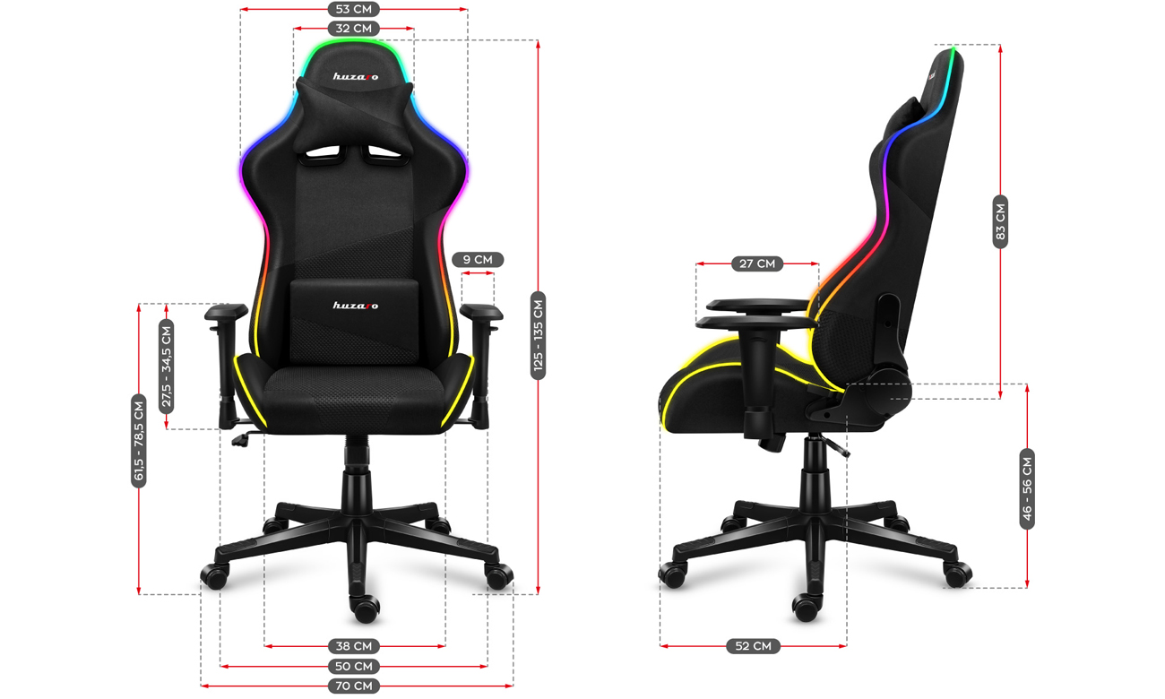 Grafika z wymiarami fotela gamingowego Huzaro Force 6.3 RGB Mesh