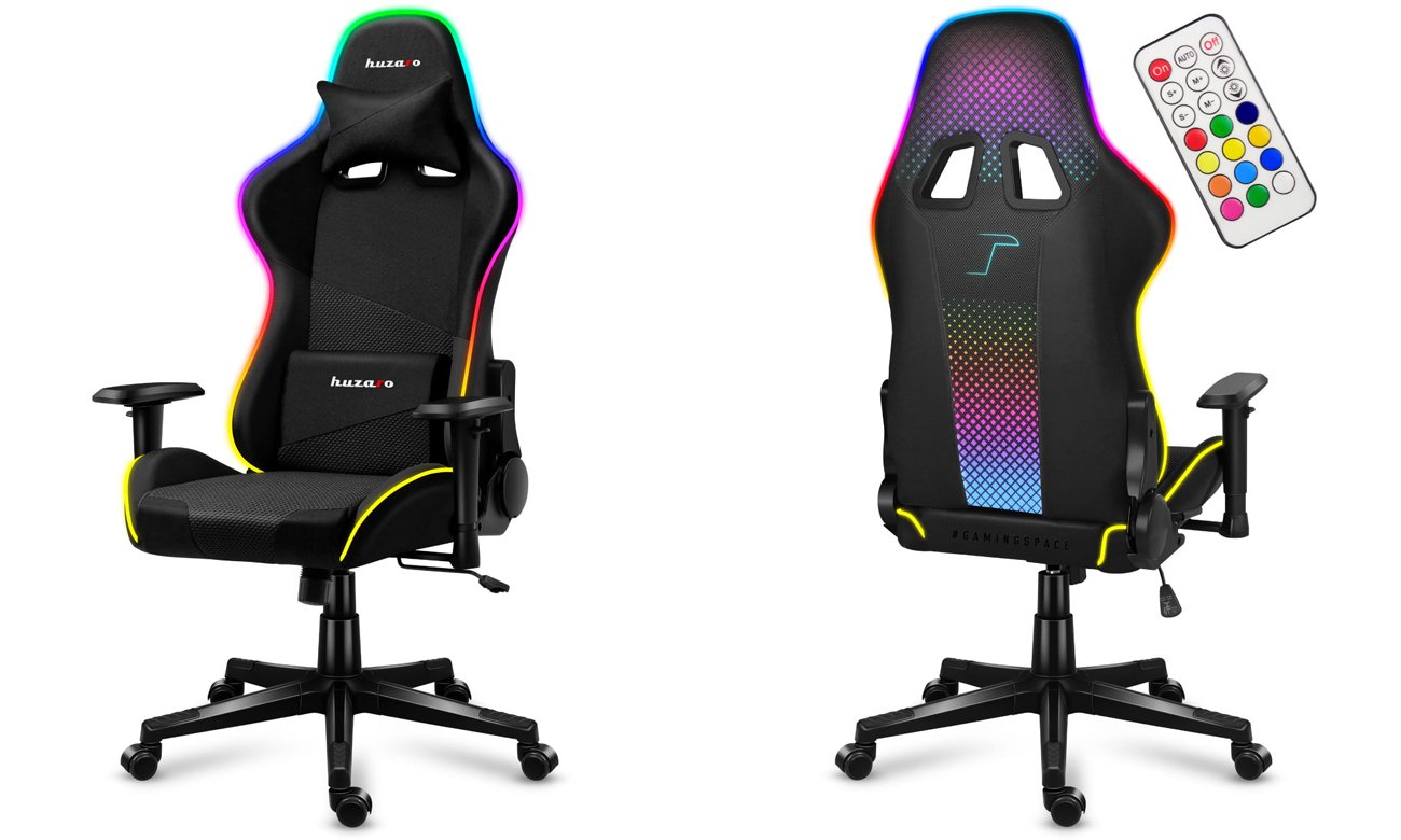Fotel gamingowy Huzaro Force 6.3 RGB Mesh - Widok od przodu i od tyłu pod kątem + pilot