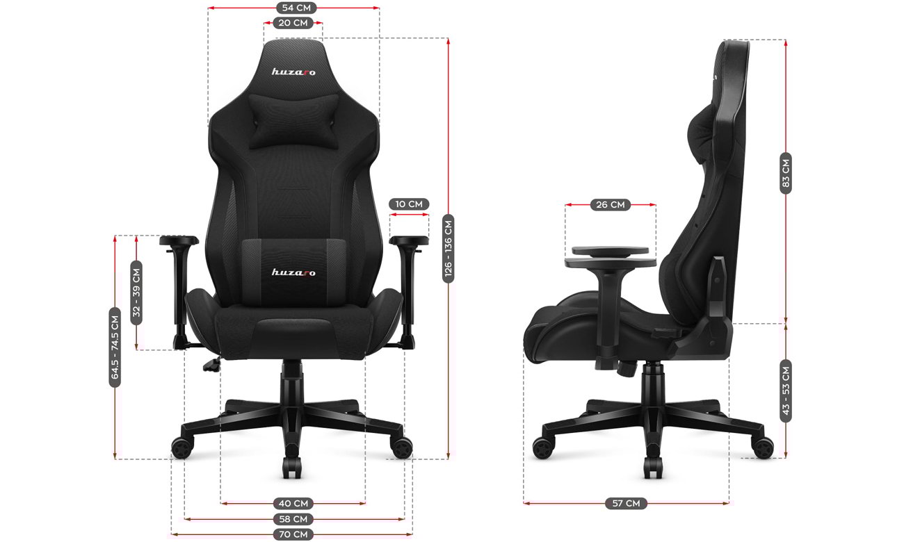 Grafika z wymiarami fotela gamingowego Huzaro Force 7.6 Black