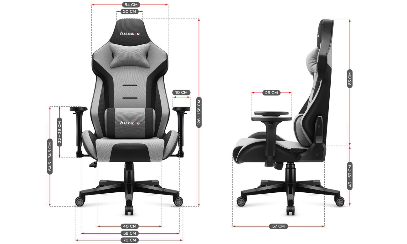Grafika z wymiarami fotela gamingowego Huzaro Force 7.6 Grey