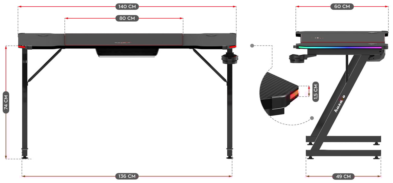 Grafika prezentująca wymiary biurka gamingowego Huzaro Hero 3.3 RGB