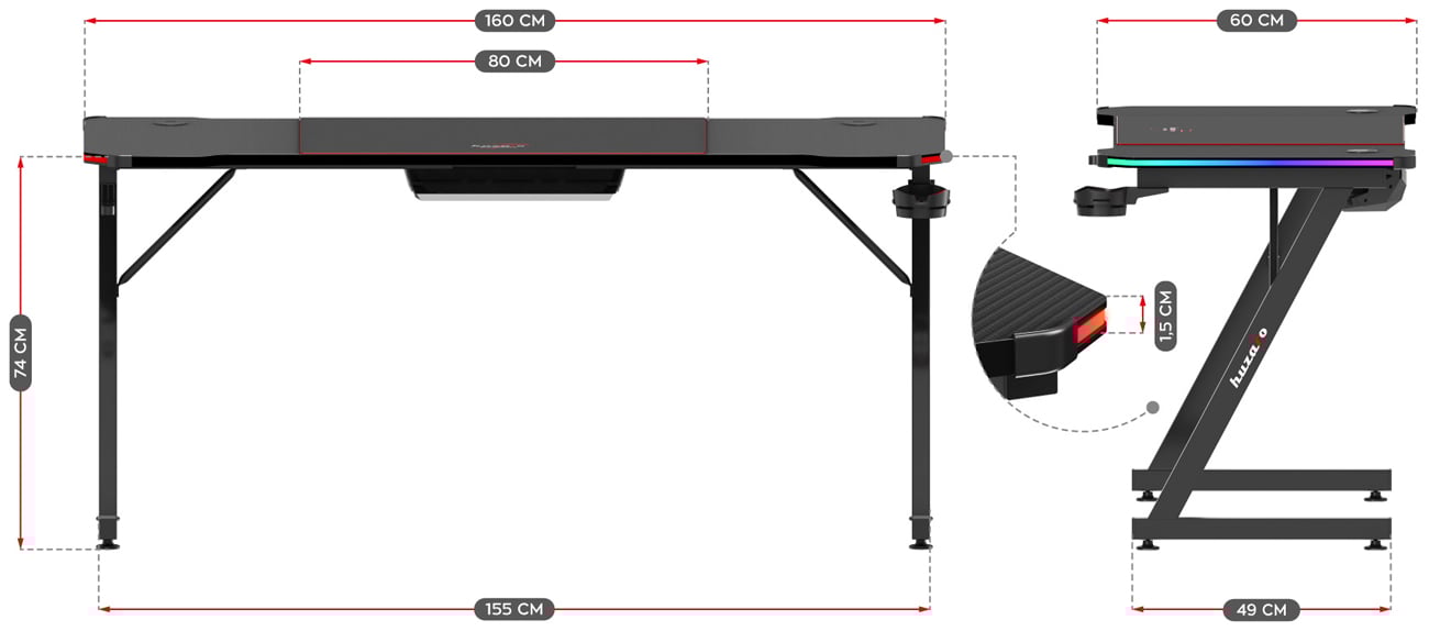 Grafika prezentująca wymiary biurka gamingowego Huzaro Hero 4.8 RGB