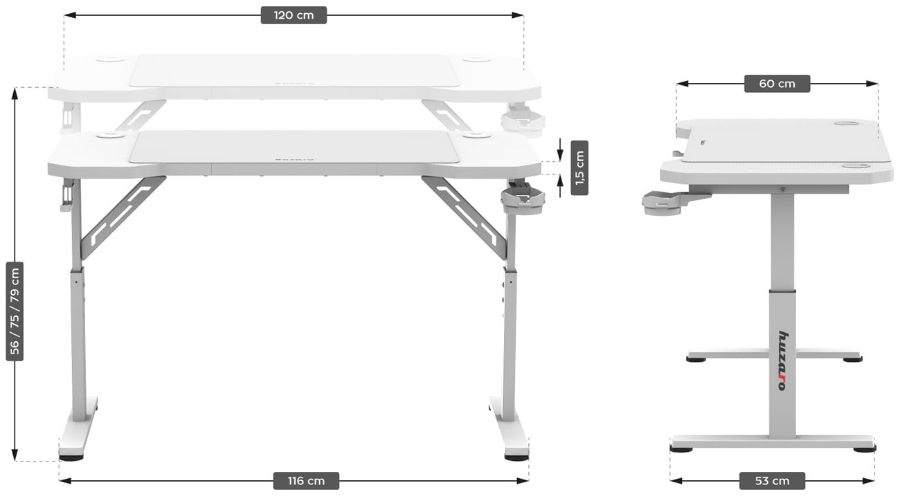 Grafika z wymiarami biurka gamingwego Huzaro Hero 2.6 White