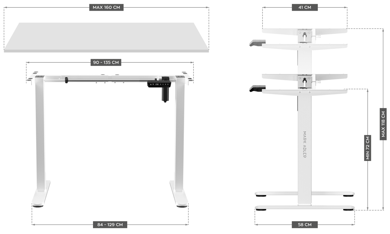 Grafika prezentująca wymiary elektrycznego stelażu biurka Mark Adler Xeno 4.1 White