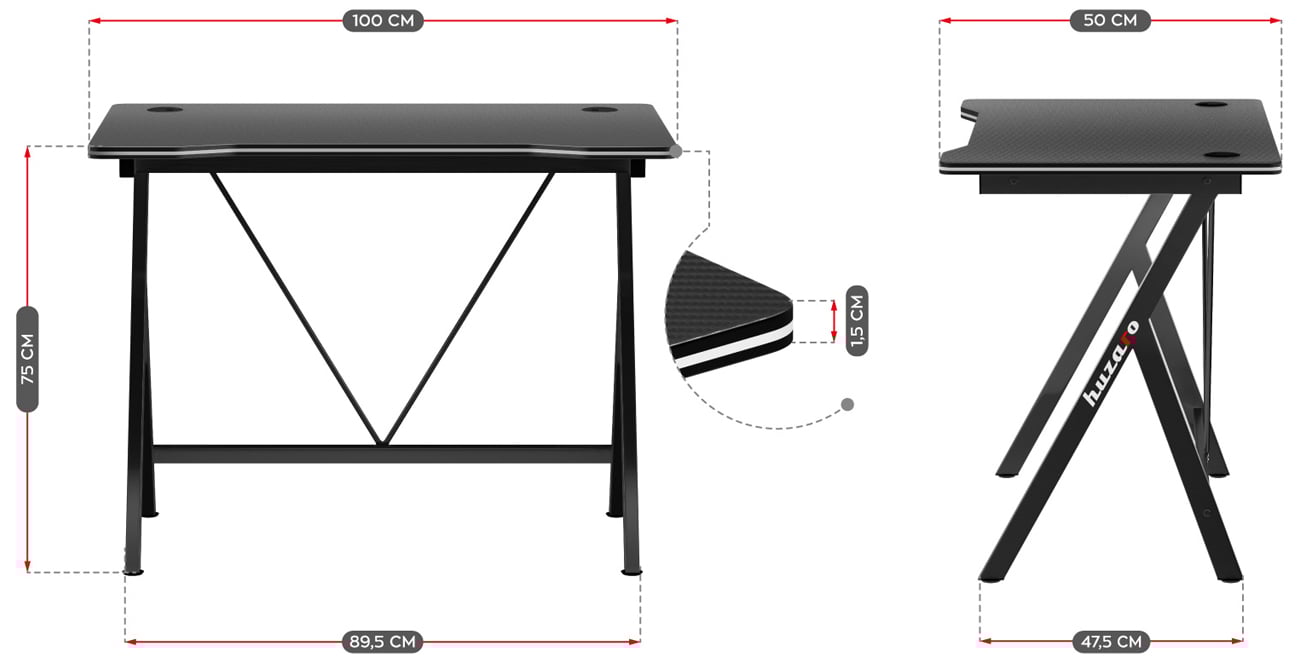 Grafika z wymiarami biurka gamingowego Huzaro Hero 1.4 Black