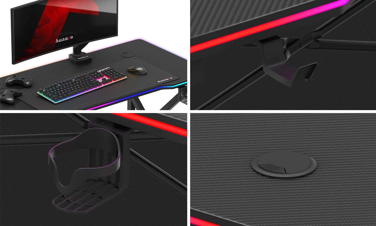 Biurko gamingowe Huzaro Hero 1.7 RGB Czarne - Funkcjonalne uchwyty i dwa wloty na kable