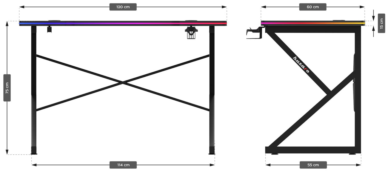 Biurko gamingowe Huzaro Hero 1.7 RGB Czarne - Grafika z wymiarami