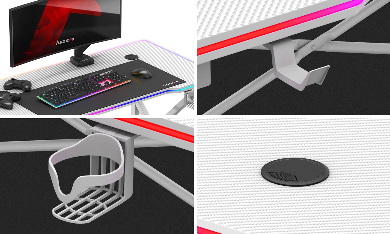 Biurko gamingowe Huzaro Hero 1.7 RGB Białe - Funkcjonalne uchwyty i dwa wloty na kable