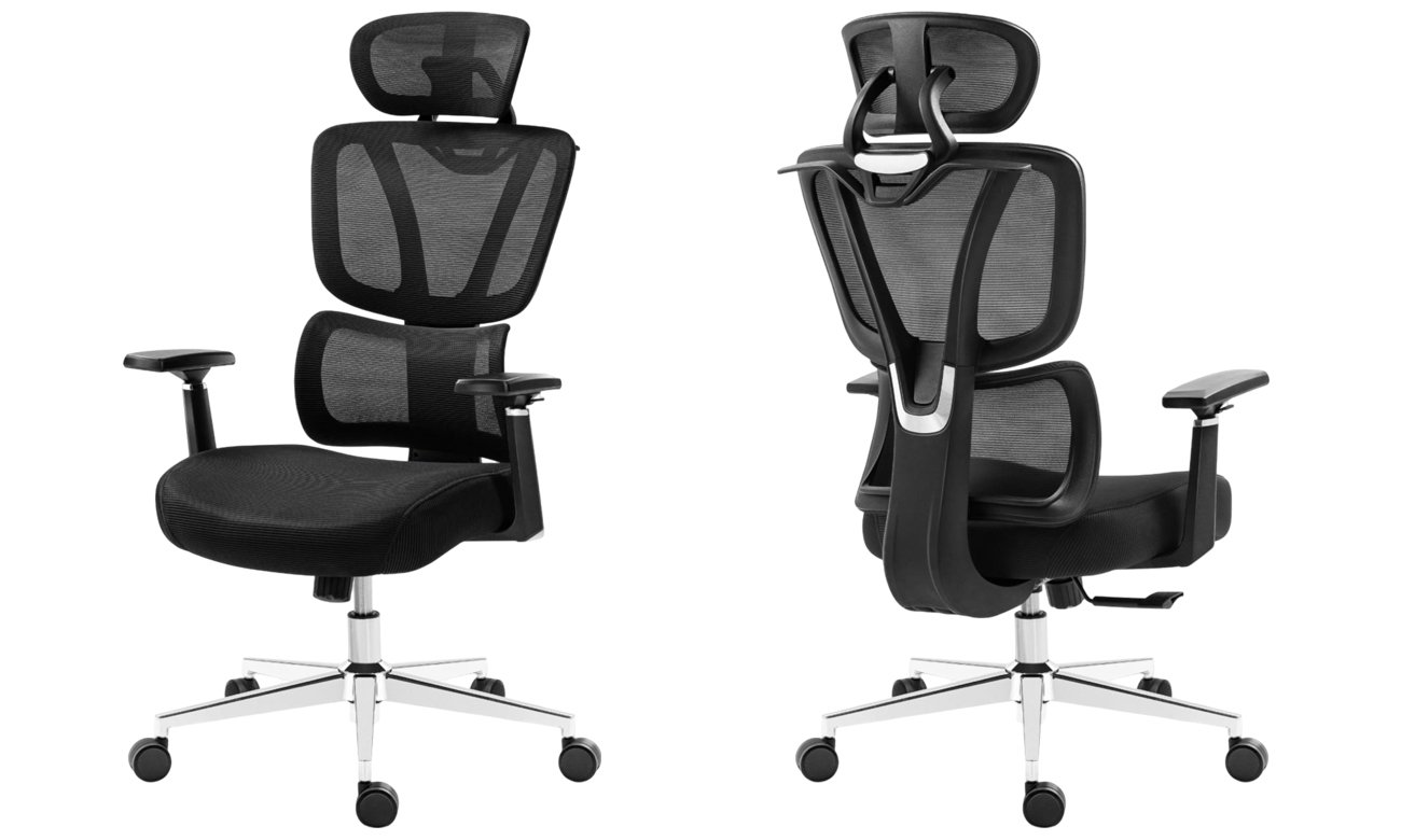 Fotel ergonomiczny Mark Adler Expert 4.6 Black - Widok od przodu i od tyłu pod kątem