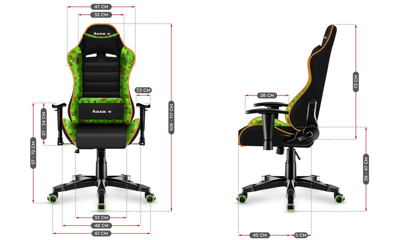 Fotel gamingowy dla dziecka Huzaro Ranger 6.0 Pixel Mesh - Widok od przodu i z boku z wymiarami
