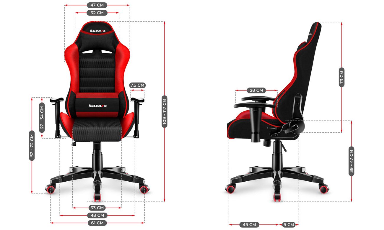 Fotel gamingowy dla dziecka Huzaro Ranger 6.0 Red Mesh - Widok od przodu i z boku z wymiarami