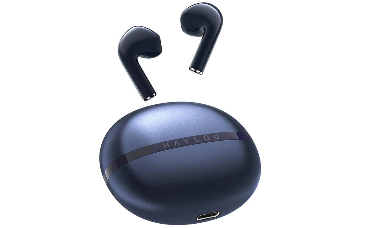 Słuchawki bezprzewodowe Haylou X1 2023 Niebieskie - Widok od przodu pod kątem wraz z zamkniętym etui ładującym