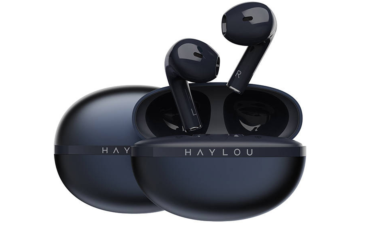 Słuchawki bezprzewodowe Haylou X1 2023 Niebieskie - Widok od przodu wraz z etui ładującym