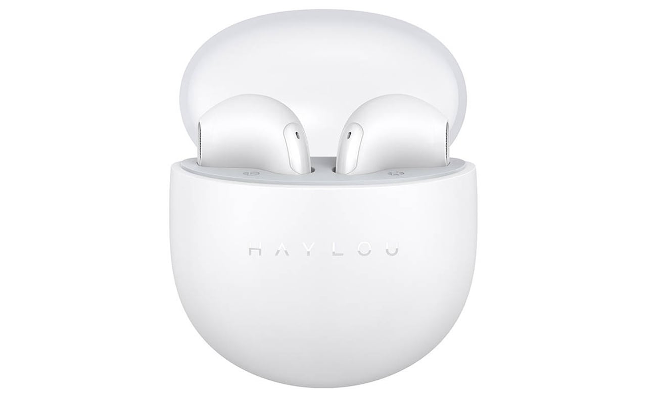 Słuchawki bezprzewodowe Haylou X1 Neo Białe - Widok od przodu wraz z etui ładującym