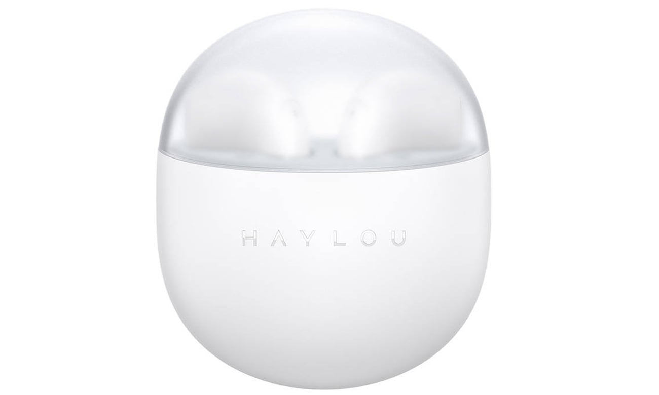 Słuchawki bezprzewodowe Haylou X1 Neo Białe - Widok od przodu wraz z etui ładującym