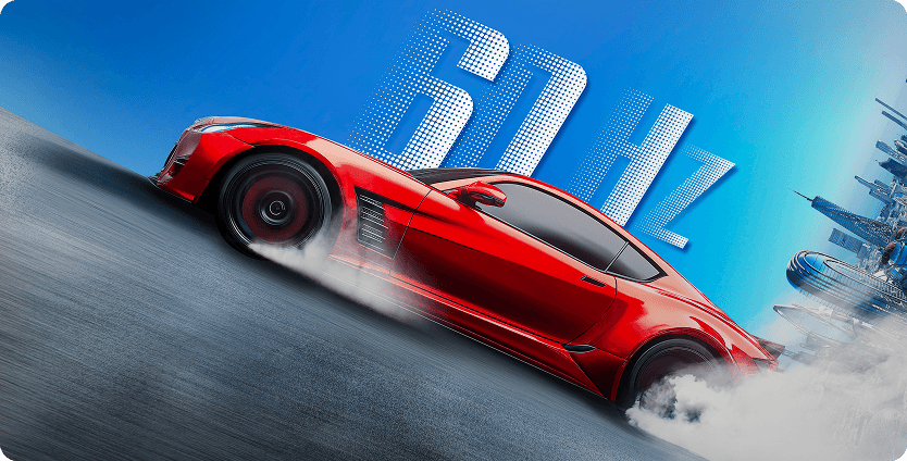 Czerwone auto sportowe w dynamicznym poślizgu na tle dużego białego napisu 60Hz na błękitnym niebie