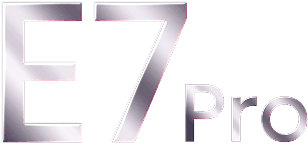 Stylizowany, srebrny logotyp serii E7 Pro przedstawiony za pomocą minimalistycznych linii