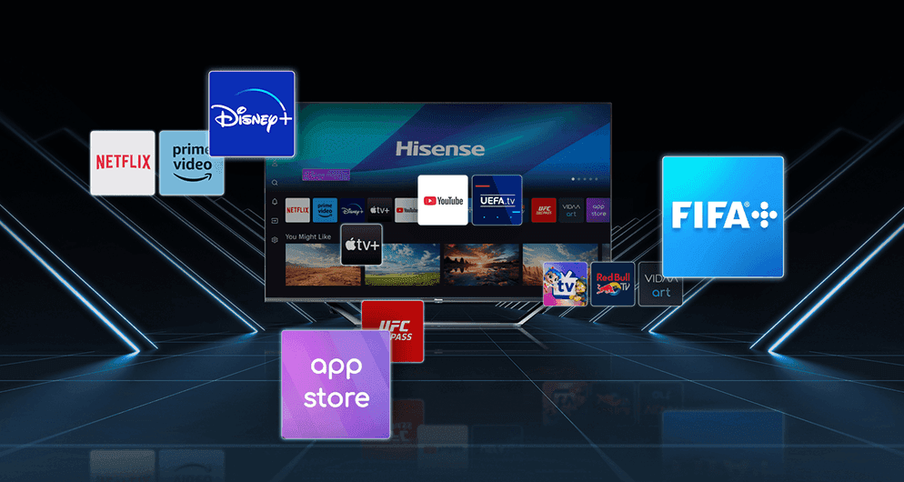Telewizor Hisense otoczony ikonami aplikacji: Netflix, Disney+, FIFA, YouTube, Apple TV+ oraz App Store