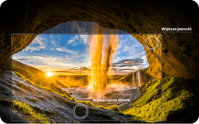 Porównanie obrazu z Total HDR (High Dynamic Range) i bez na przykładzie wodospadu z zaznaczeniem lepszych detali i jasności