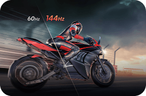 Motocyklista w ruchu z porównaniem płynności obrazu przy odświeżaniu 60Hz i 144Hz