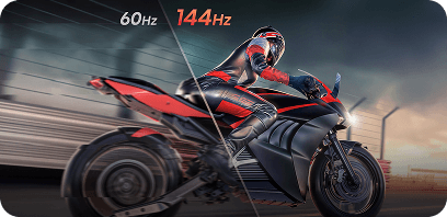 Motocyklista w ruchu z porównaniem płynności obrazu przy odświeżaniu 60Hz i 144Hz
