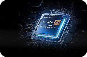 Procesor Hisense HI-VIEW AI (Artificial Intelligence) Engine Pro na tle ciemnej płyty głównej z obwodami