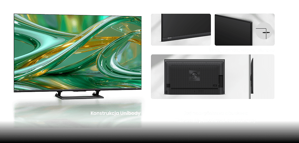 Telewizor o jednolitej obudowie (Unibody Slim), zbliżenia na bardzo wąskie ramki ekranu oraz widok tyłu i smukłego boku