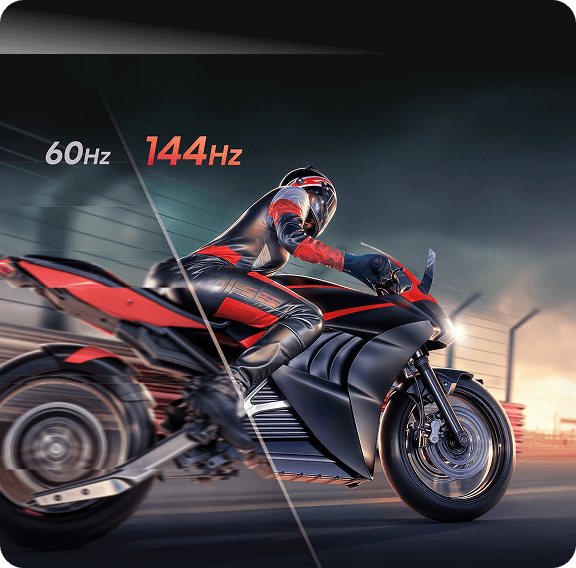 Motocyklista w ruchu z porównaniem płynności obrazu przy odświeżaniu 60Hz (gorsza) i 144Hz (lepsza płynność)