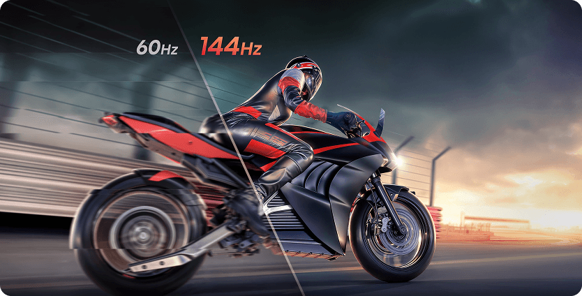 Motocyklista w ruchu z porównaniem płynności obrazu przy odświeżaniu 60Hz (gorsza) i 144Hz (lepsza płynność)