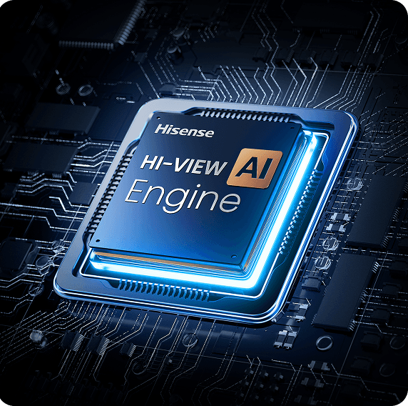 Graficzna ilustracja procesora HI-VIEW AI (Artificial Intelligence) Engine z efektami świetlnymi na ciemnym tle