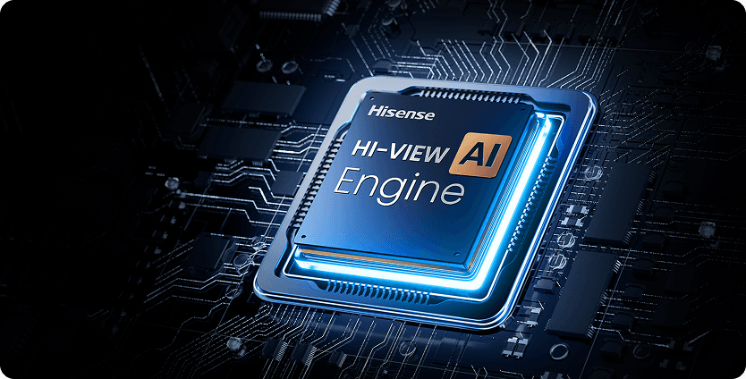 Graficzna ilustracja procesora HI-VIEW AI (Artificial Intelligence) Engine z efektami świetlnymi na ciemnym tle