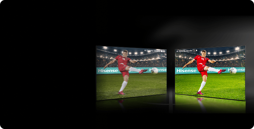 Dwa ekrany z piłkarzem: po lewej rozmazany obraz z AI (Artificial Intelligence) Sports Mode OFF, po prawej ostry z Mode ON