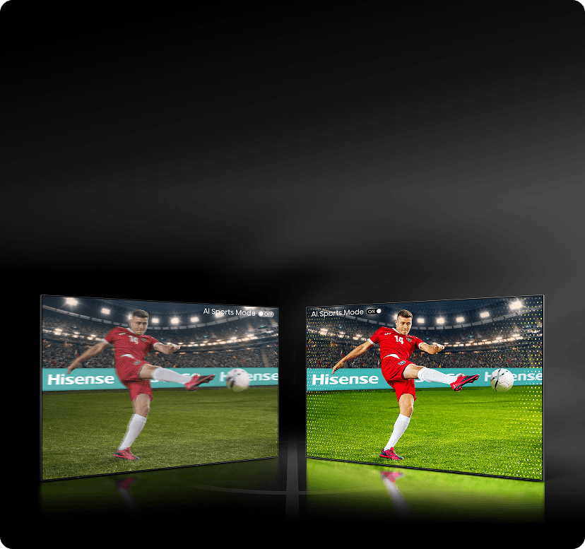 Dwa ekrany z piłkarzem: po lewej rozmazany obraz z AI (Artificial Intelligence) Sports Mode OFF, po prawej ostry z Mode ON