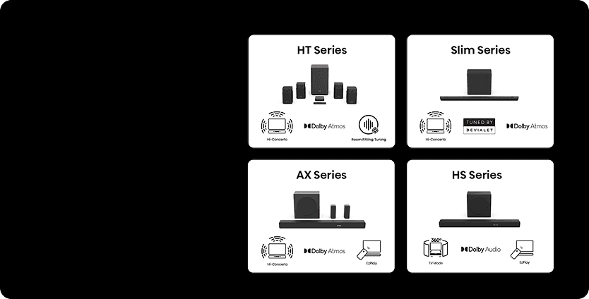 Zestawy audio HT (Home Theater), Slim, AX (Audio Experience) i HS Series z Dolby Atmos, Hi-Concerto, EzPlay