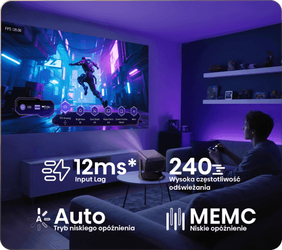 Gracz z padem, projektor wyświetlający grę oraz ikony z parametrami 12ms, 240Hz i technologią MEMC.