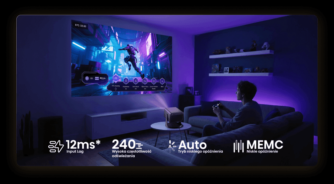 Gracz z padem, projektor wyświetlający grę oraz ikony z parametrami 12ms, 240Hz i technologią MEMC.