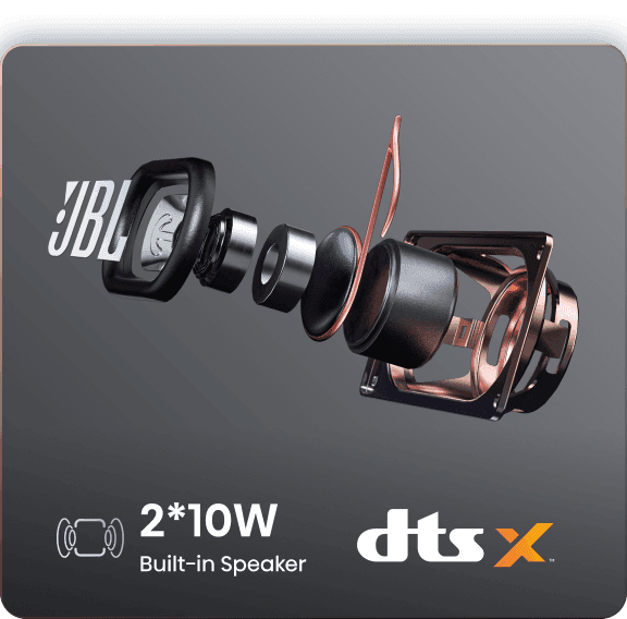 Rozłożone na części elementy głośnika z logo JBL, logo dts X oraz napis 2*10W Built-in Speaker.