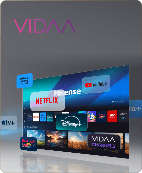 Projektor na stojaku wyświetla interfejs systemu VIDAA z ikonami aplikacji Netflix, YouTube i Disney+.