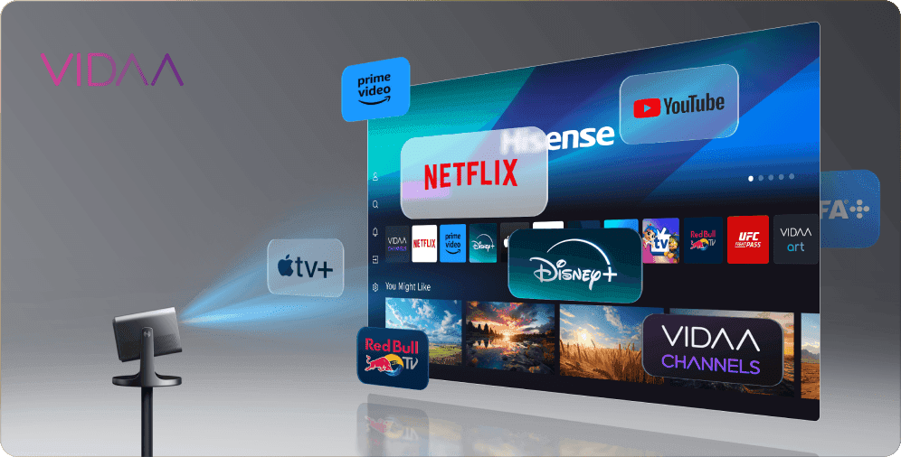 Projektor na stojaku wyświetla interfejs systemu VIDAA z ikonami aplikacji Netflix, YouTube i Disney+.